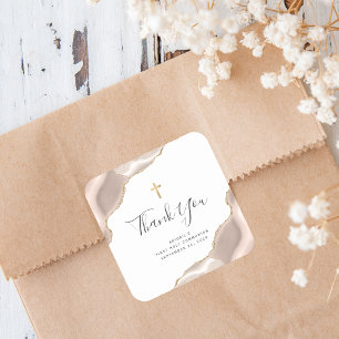 Ivory Agate Gold Glitter First Holy Communion Square Sticker