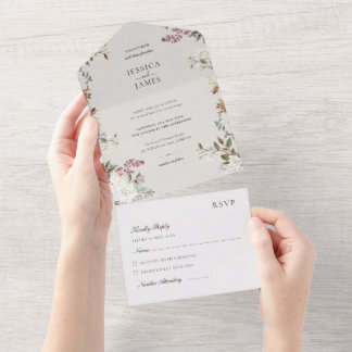 Ivory and Beige Vintage Floral Elegant Wedding All In One Invitation
