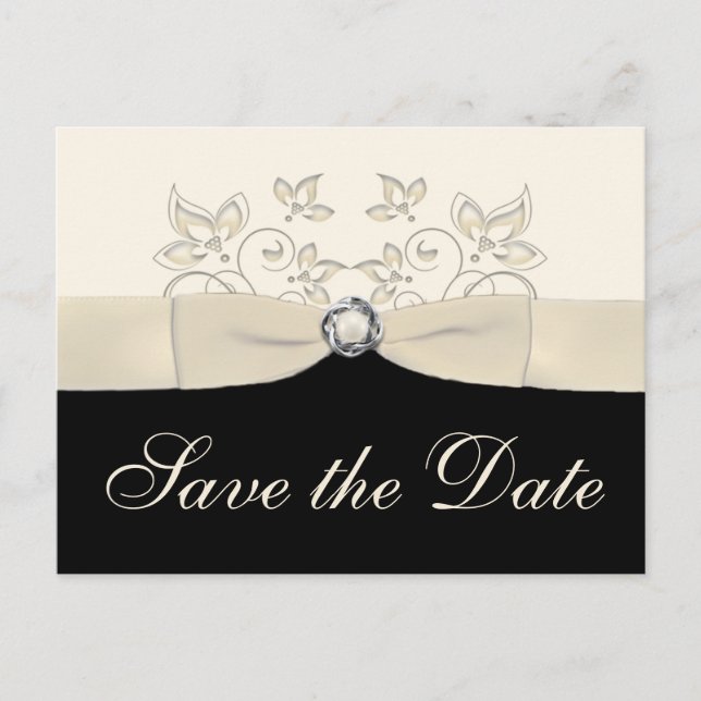 Ivory and Black Floral Save the Date Postcard (Front)