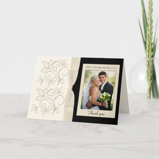 Ivory and Black Floral Thank You Card with Photo (Front)