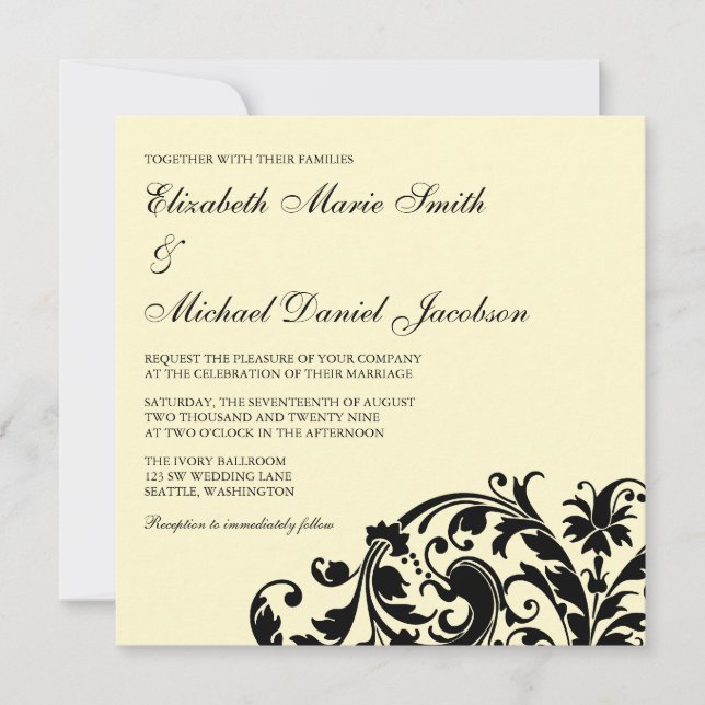 Ivory and Black Flourish Swirl Wedding Invitations (Front)