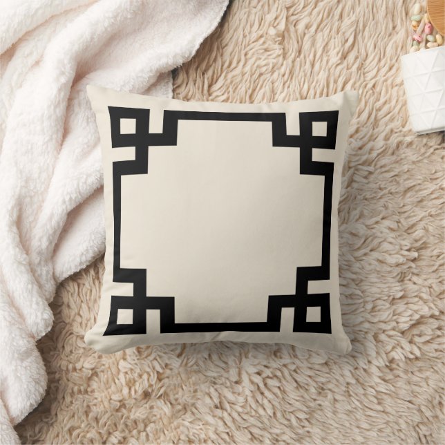 Ivory and Black Greek Key Border Throw Pillow (Blanket)