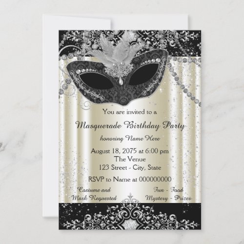 Ivory and Black Pearl Glitter Masquerade Party Invitation