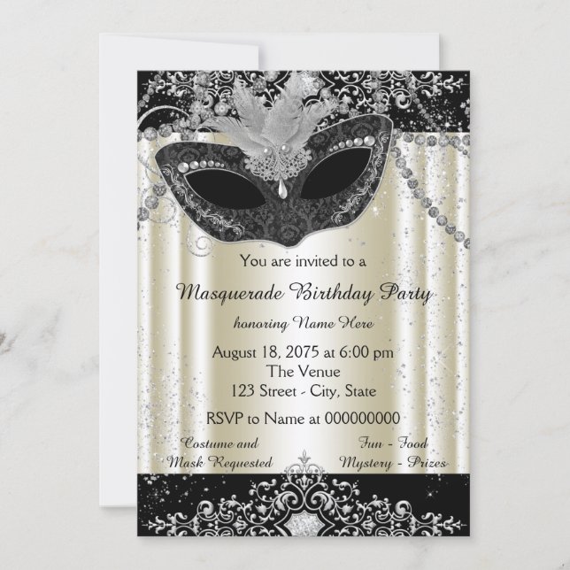 Ivory and Black Pearl Glitter Masquerade Party Invitation (Front)