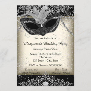 Ivory and Black Pearl Glitter Masquerade Party Invitation
