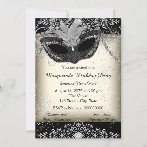 Ivory and Black Pearl Glitter Masquerade Party Invitation