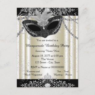 Ivory and Black Pearl Glitter Masquerade Party Invitation