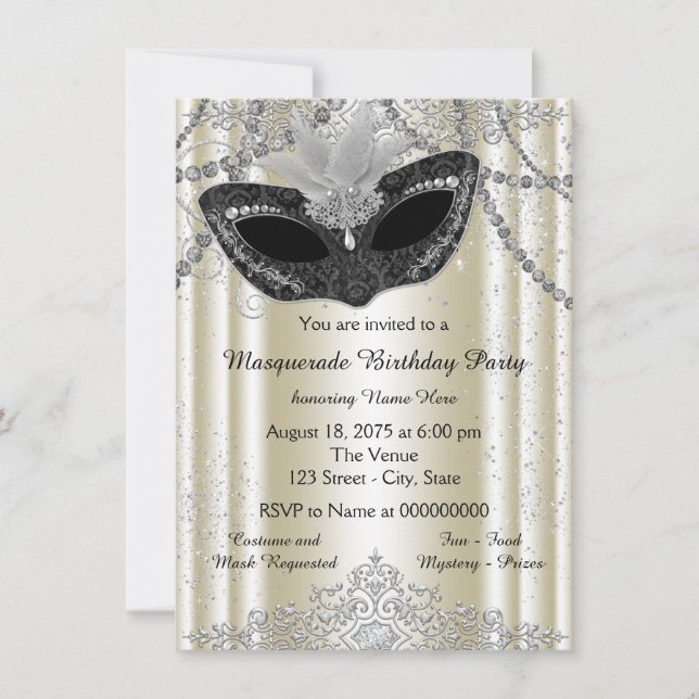 Ivory and Black Pearl Masquerade Party Invitation (Front)