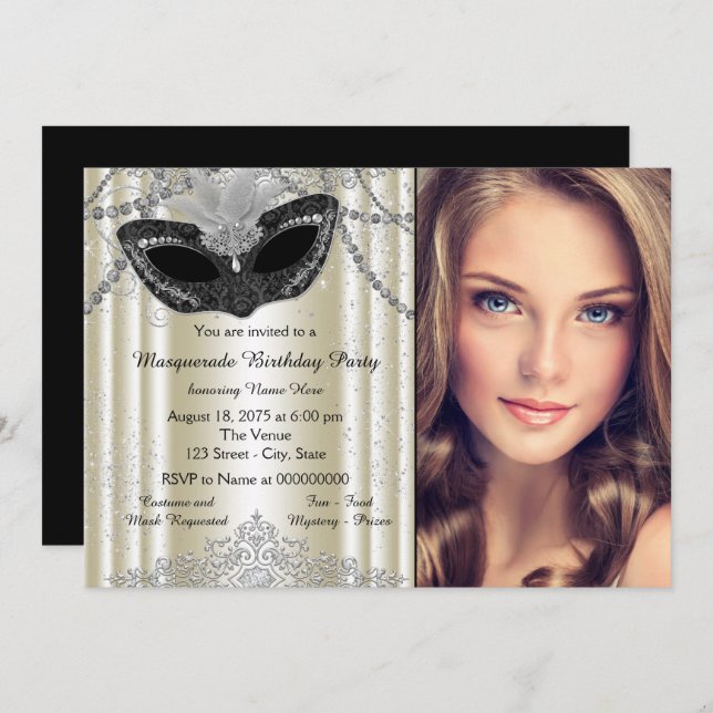 Ivory and Black Pearl Masquerade Party Invitation (Front/Back)
