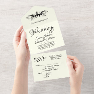 Ivory and Black Tri Fold w Rsvp Wedding All In One Invitation