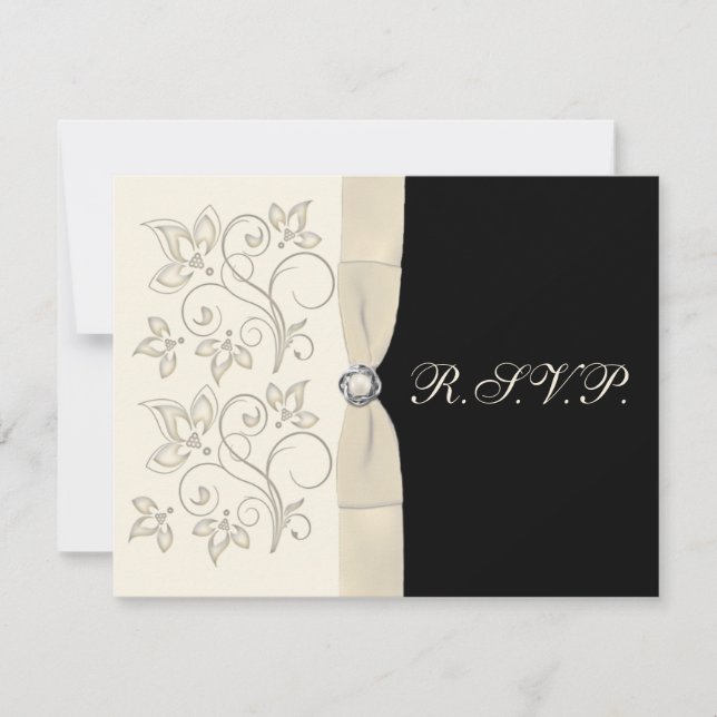 Ivory and Black with Pearl Love Knot Reply Card (Front)