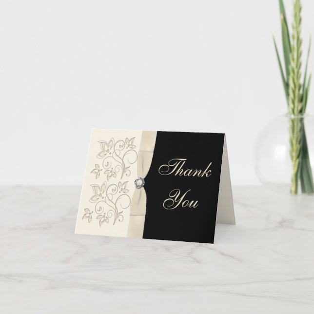 Ivory and Black with Pearl Loveknot Thank You Card (Front)