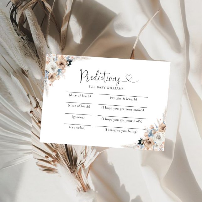 Ivory And Blue Boho Floral Baby Predictions Card (Creator Uploaded)
