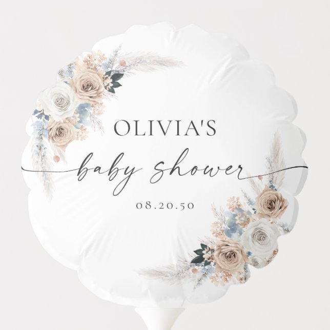 Ivory And Blue Boho Floral Baby Shower Balloon (Back)
