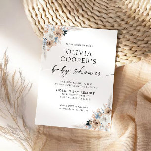 Ivory And Blue Boho Floral Baby Shower Invitation