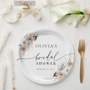 Ivory And Blue Boho Floral Bridal Shower Paper Plates