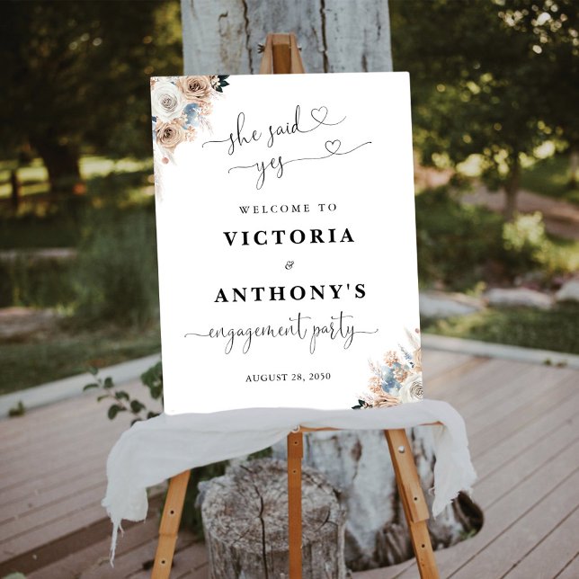 Ivory And Blue Boho Floral Engagement Party Foam Board (Creator Uploaded)