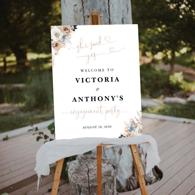 Ivory And Blue Boho Floral Engagement Party Foam Board (Creator Uploaded)