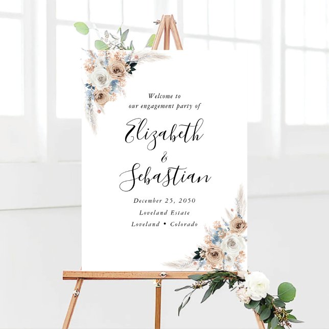 Ivory And Blue Boho Floral Engagement Party Foam Board (Creator Uploaded)
