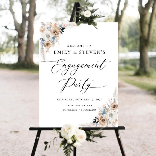 Ivory And Blue Boho Floral Engagement Party Foam Board (Creator Uploaded)