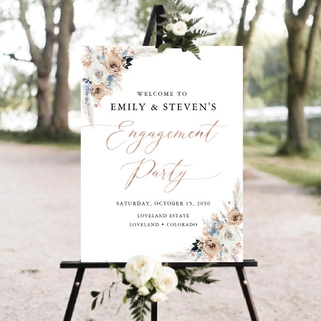 Ivory And Blue Boho Floral Engagement Party Foam Board (Creator Uploaded)