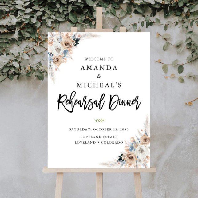 Ivory And Blue Boho Floral Rehearsal Dinner Foam Board (Creator Uploaded)