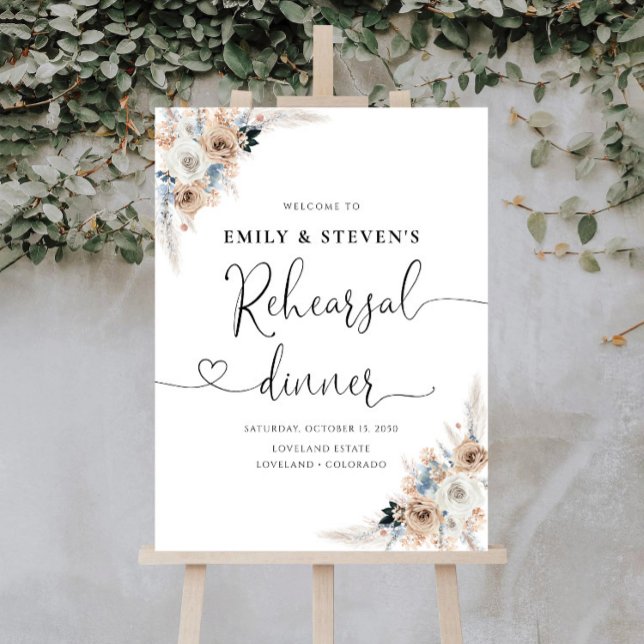 Ivory And Blue Boho Floral Rehearsal Dinner Foam Board (Creator Uploaded)