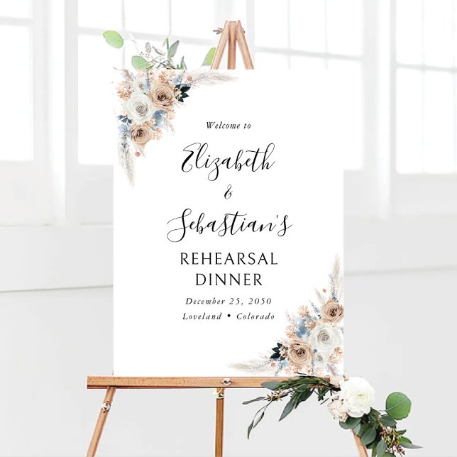 Ivory And Blue Boho Floral Rehearsal Dinner Foam Board (Creator Uploaded)