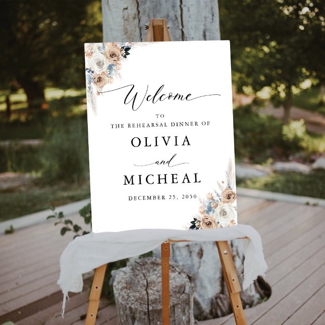 Ivory And Blue Boho Floral Rehearsal Dinner Foam Board (Creator Uploaded)