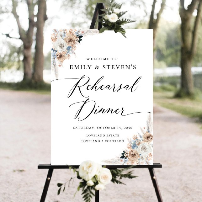 Ivory And Blue Boho Floral Rehearsal Dinner Foam Board (Creator Uploaded)