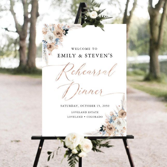 Ivory And Blue Boho Floral Rehearsal Dinner Foam Board (Creator Uploaded)