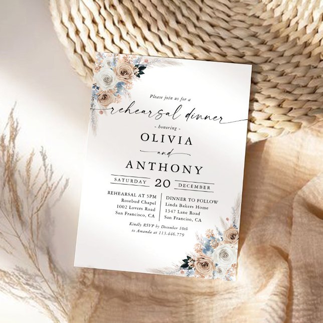 Ivory and Blue Boho Floral Rehearsal Dinner Invitation (Creator Uploaded)