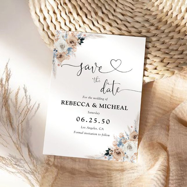Ivory and Blue Boho Floral Save The Date Card (Creator Uploaded)
