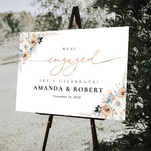 Ivory And Blue Boho Floral We Are Engaged Foam Board