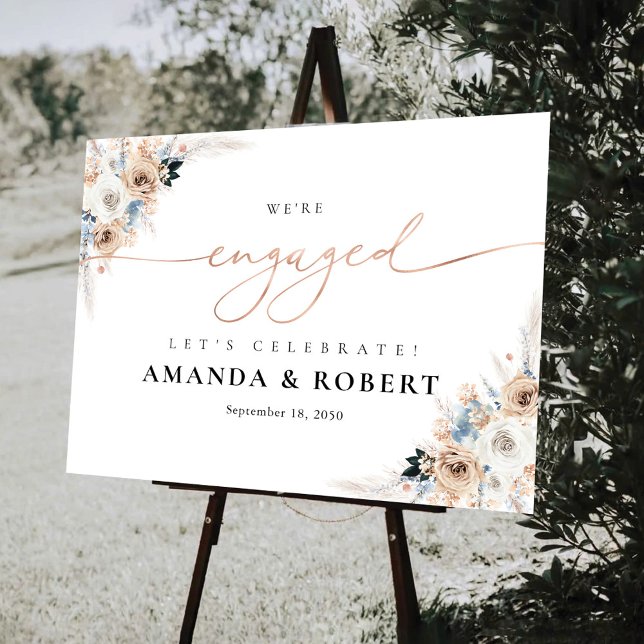 Ivory And Blue Boho Floral We Are Engaged Foam Board (Creator Uploaded)