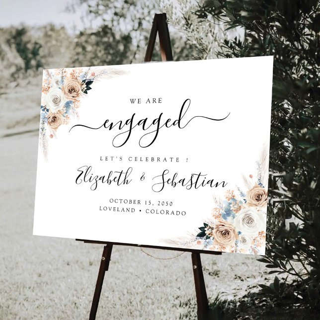Ivory And Blue Boho Floral We Are Engaged Foam Board (Creator Uploaded)