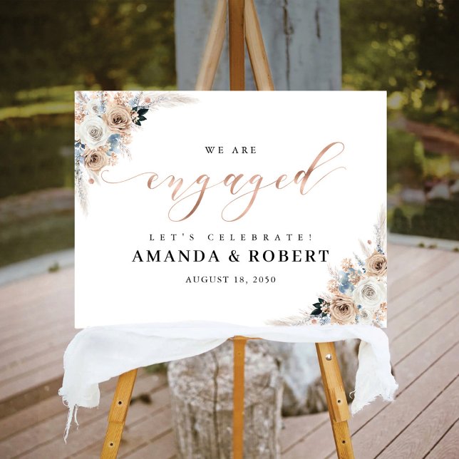 Ivory And Blue Boho Floral We Are Engaged Foam Board (Creator Uploaded)