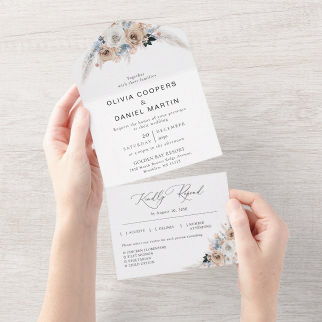 Ivory and Blue Boho Floral Wedding All In One Invitation (Tearaway)