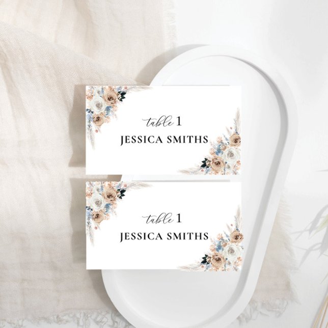 Ivory And Blue Boho Floral Wedding Flat Place Card (Creator Uploaded)
