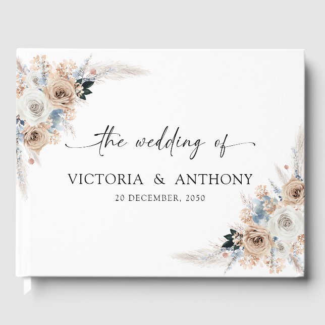 Ivory And Blue Boho Floral Wedding Guest Book (Front)
