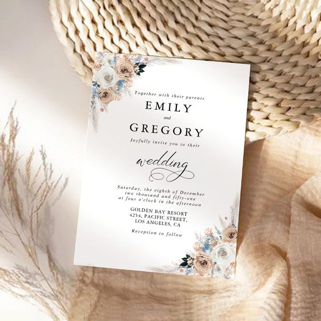 Ivory and Blue Boho Floral Wedding Invitation (Creator Uploaded)