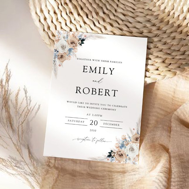 Ivory and Blue Boho Floral Wedding Invitation (Creator Uploaded)