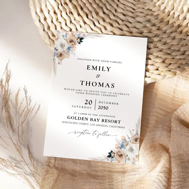 Ivory and Blue Boho Floral Wedding Invitation (Creator Uploaded)