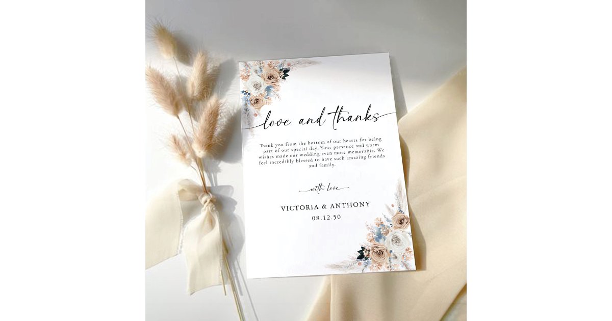 Ivory And Blue Boho Floral Wedding Thank You Card | Zazzle