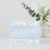 Ivory and Blue Damask Save the Date Postcard (Standing Front)