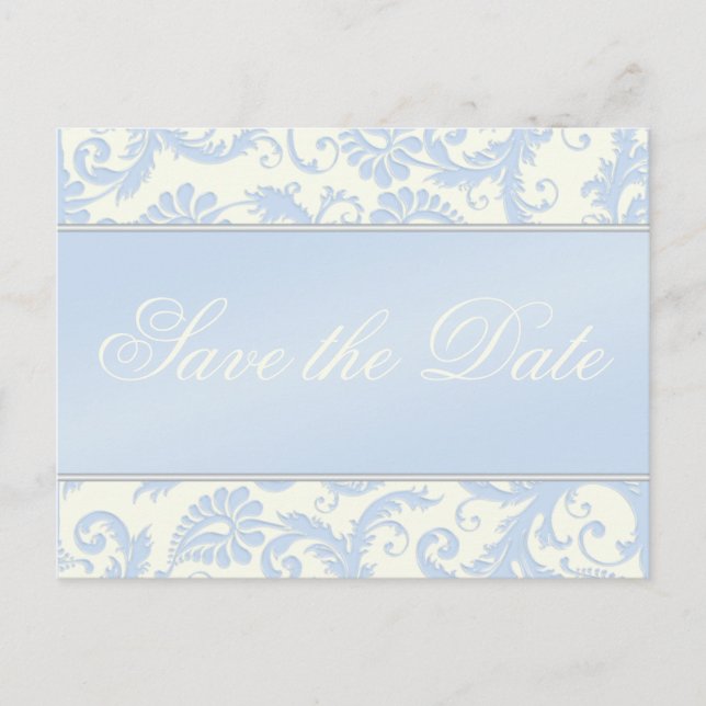 Ivory and Blue Damask Save the Date Postcard (Front)