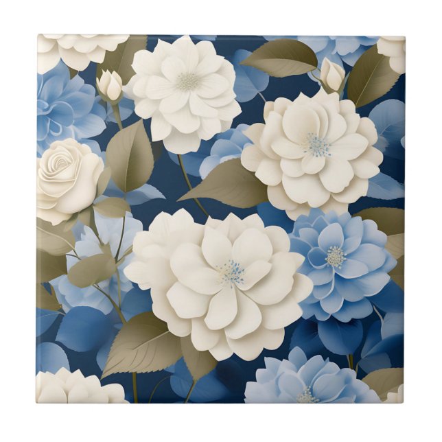 Ivory and Blue Hydrangea Floral Serenity Ceramic Tile (Front)