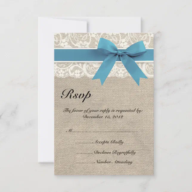 Ivory and Blue Lace and Burlap Look RSVP Card | Zazzle
