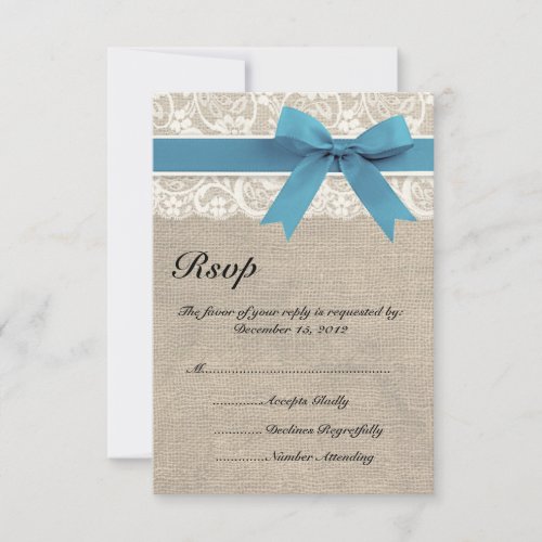 Ivory and Blue Lace and Burlap Look RSVP Card