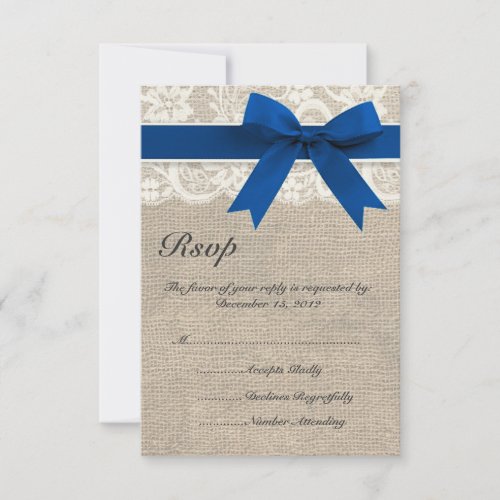 Ivory and Blue Lace and Burlap Wedding RSVP Card